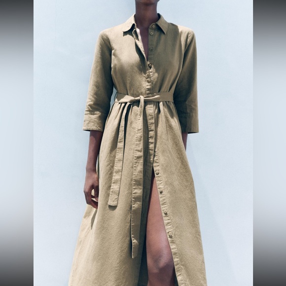 Zara Dresses & Skirts - Zara Tan Long Sleeve Belted Trench Dress XS